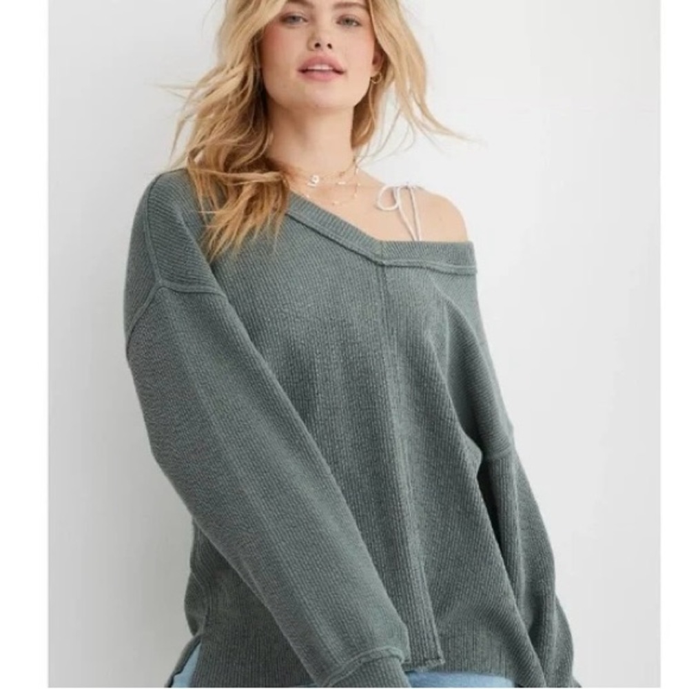 Aerie Wonder V Neck Ribbed‎ Unreal Green Off-the-Shoulder Sweater Relaxed Fit S
